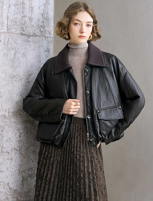 Faux Leather Knit Collar Down Jacket