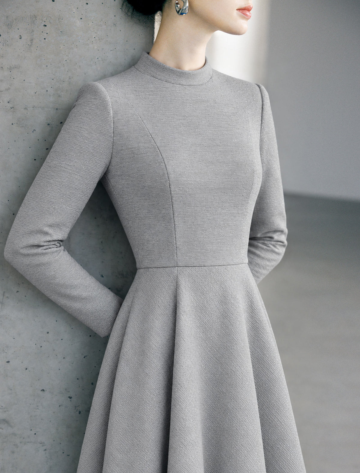 Mock Neck Long Sleeve A-Line Midi Dress
