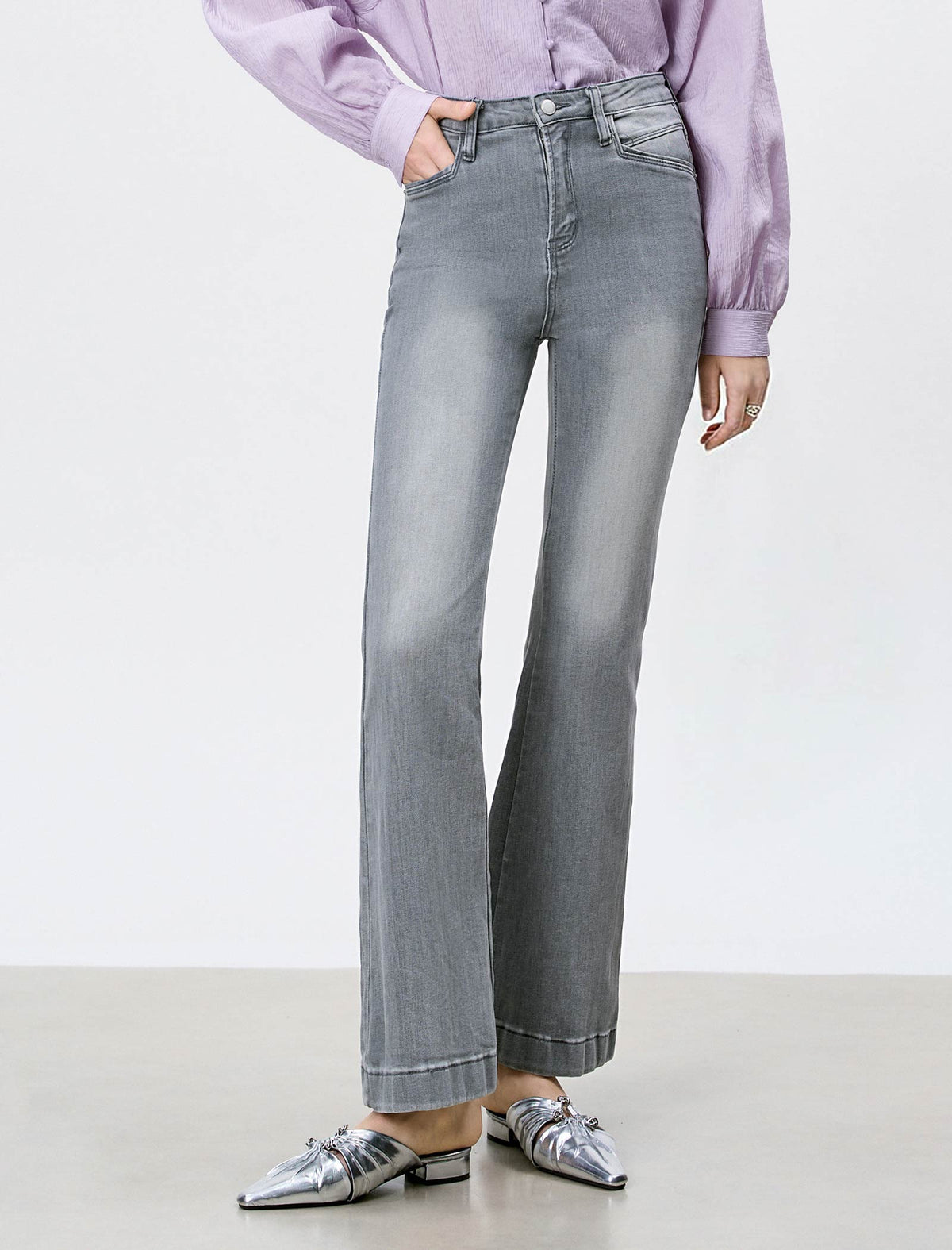 High-Waisted Grey Flare Jeans
