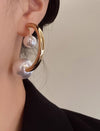 Gold Crescent And Pearl Drop Hoop Earrings