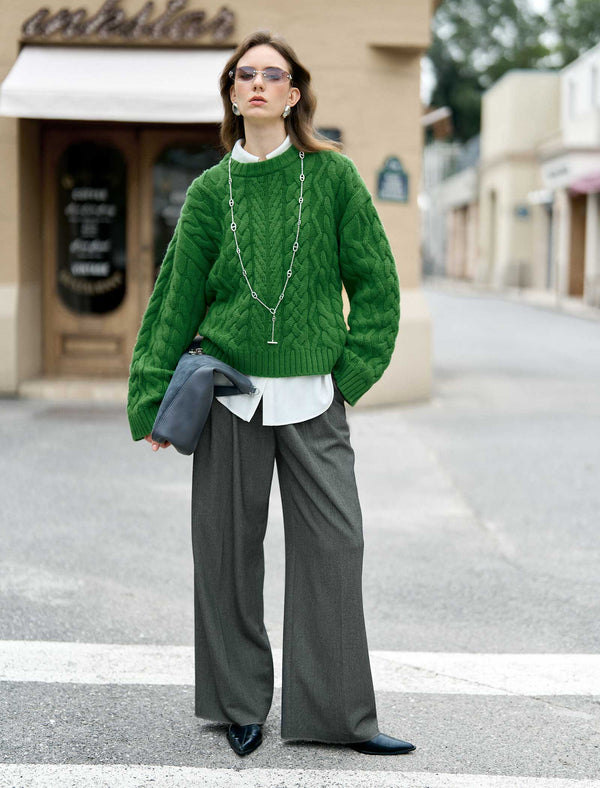 Emerald Wool Cable-Knit Oversized Sweater