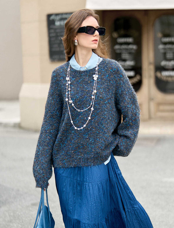Marled Yarn Speckled Glitter 100% Wool Sweater