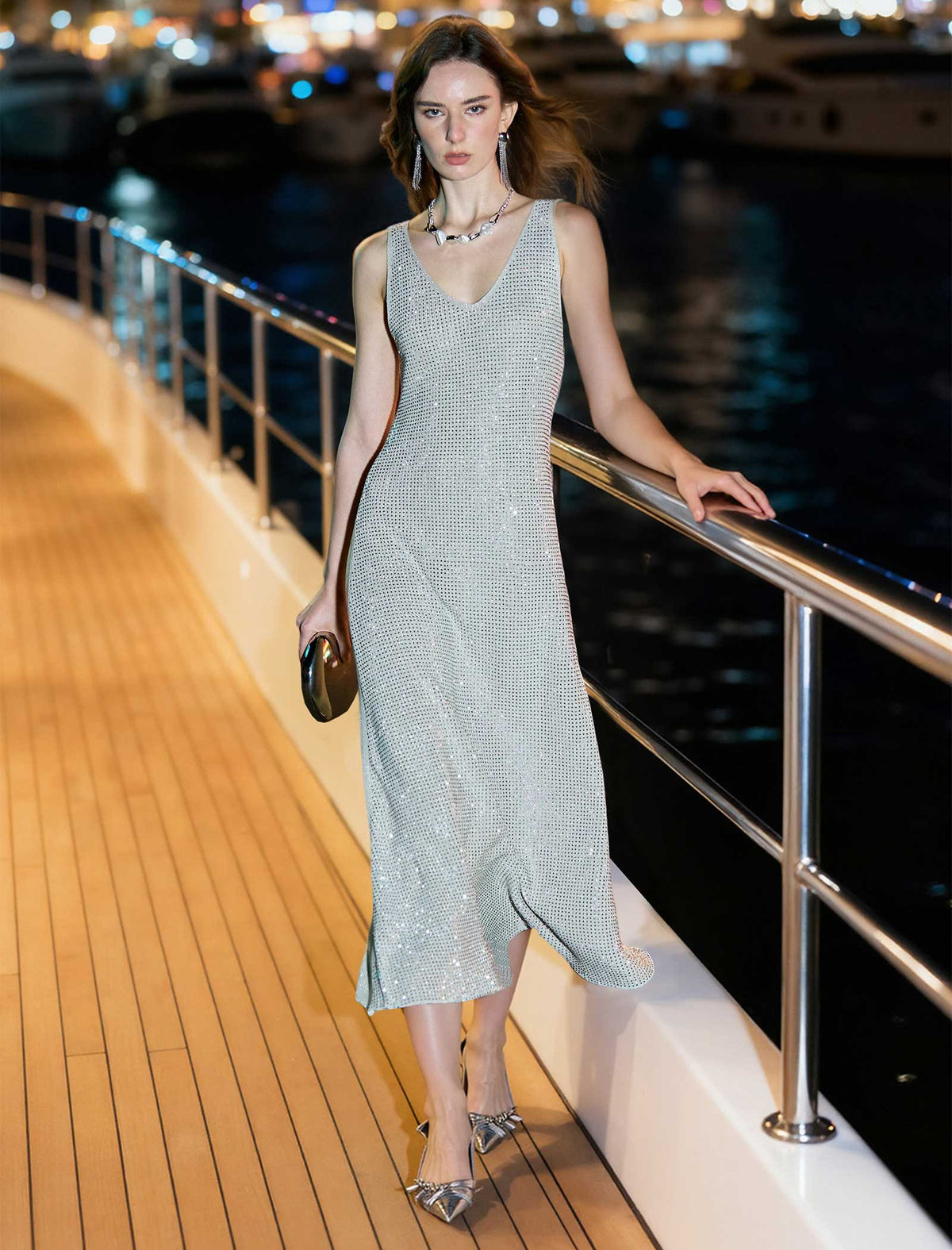 Sleeveless V-Neck Sequin Midi Dress