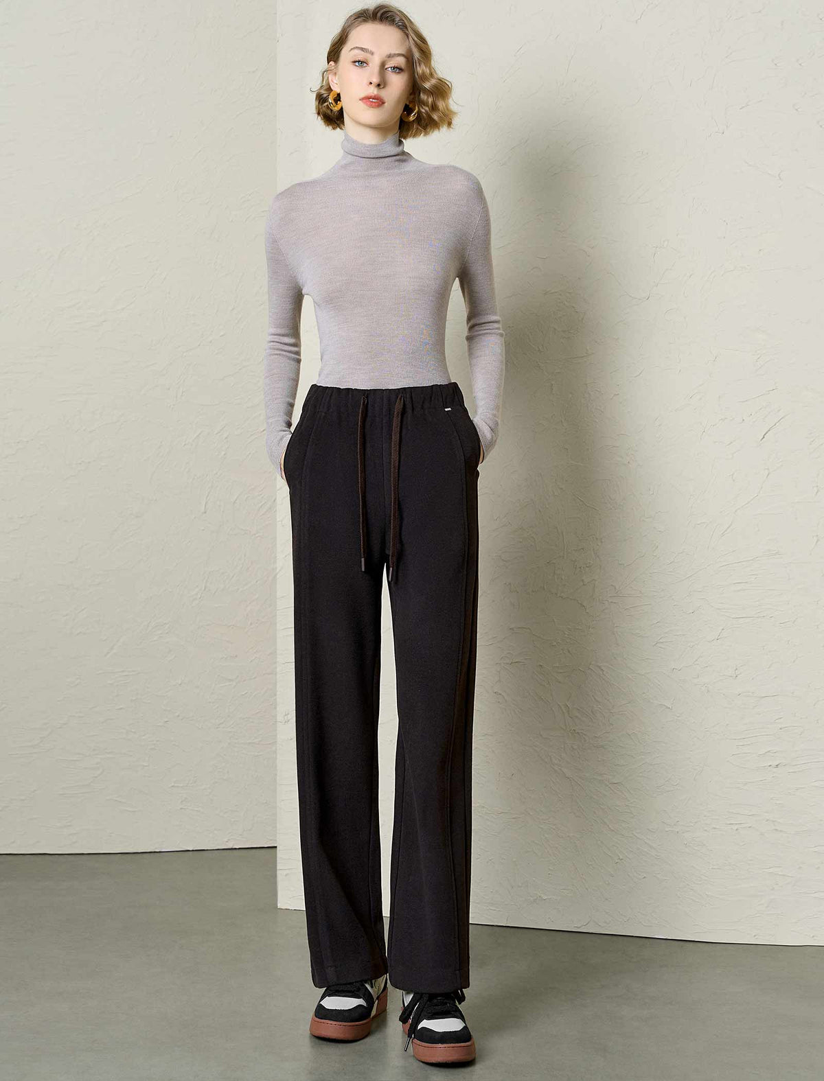 Dark Brown Drawstring Wide-Leg Pants