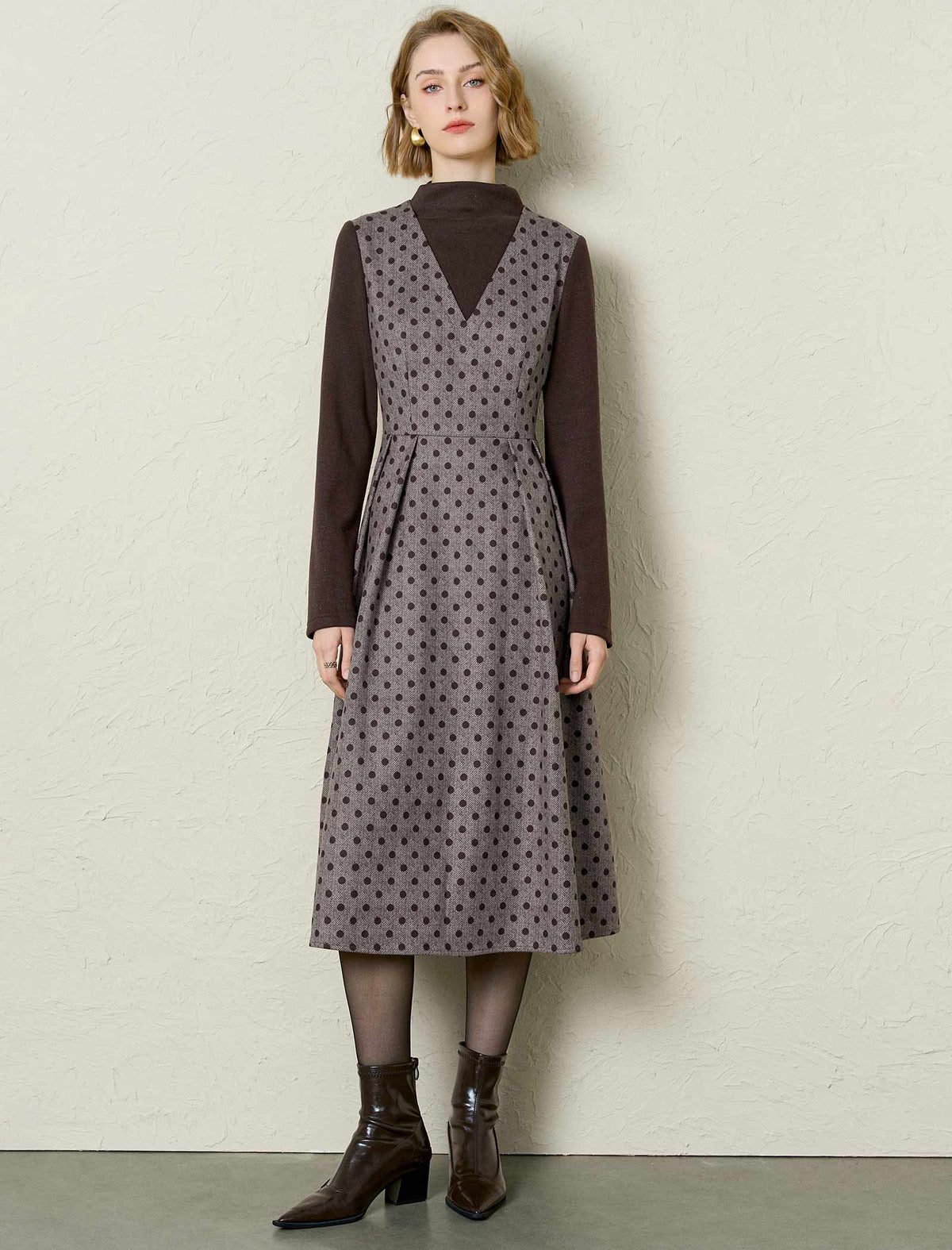 Herringbone Polka Dot Long-Sleeve Midi Dress