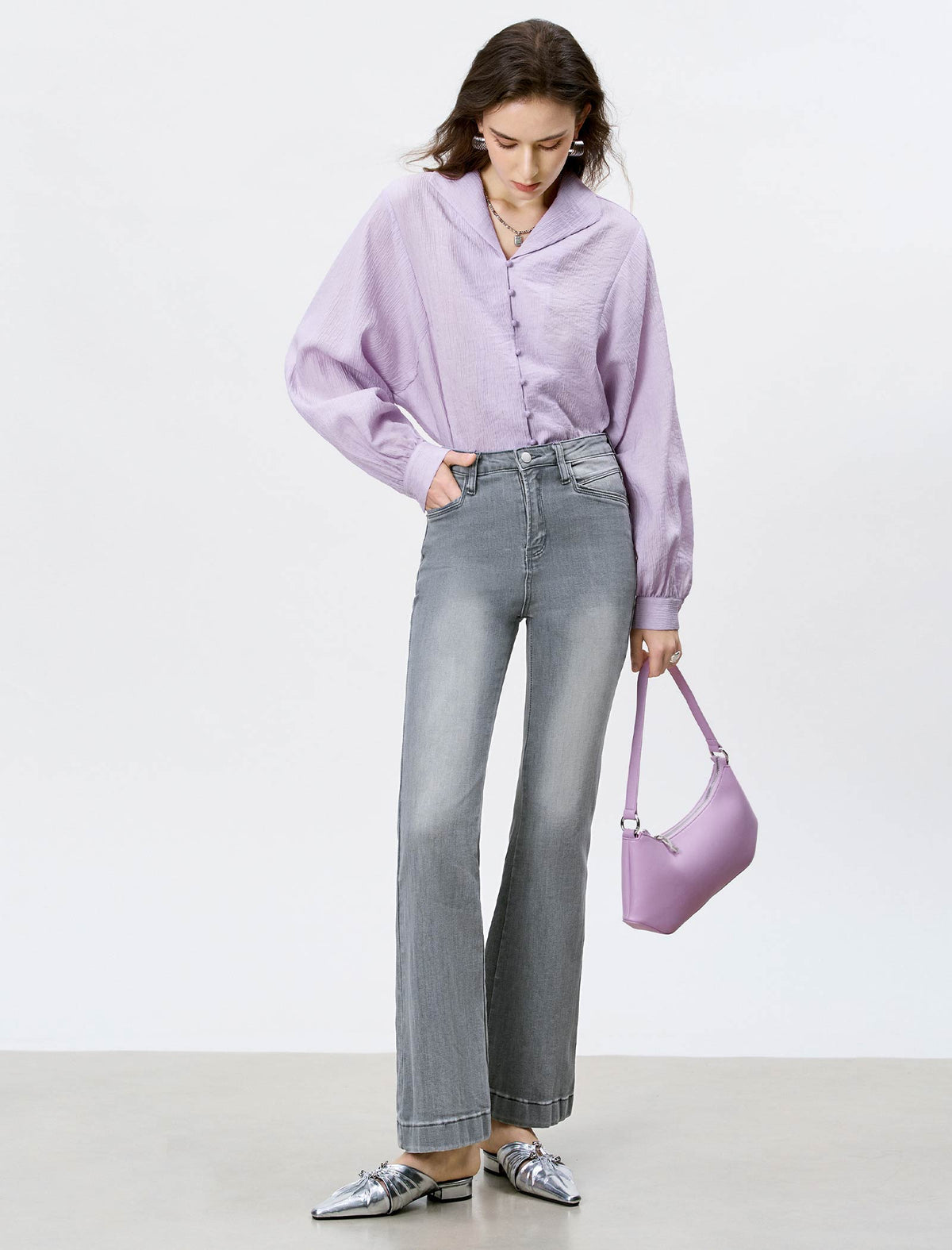High-Waisted Grey Flare Jeans