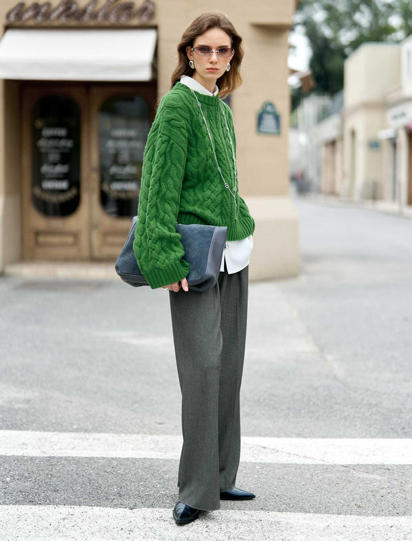 Emerald Wool Cable-Knit Oversized Sweater