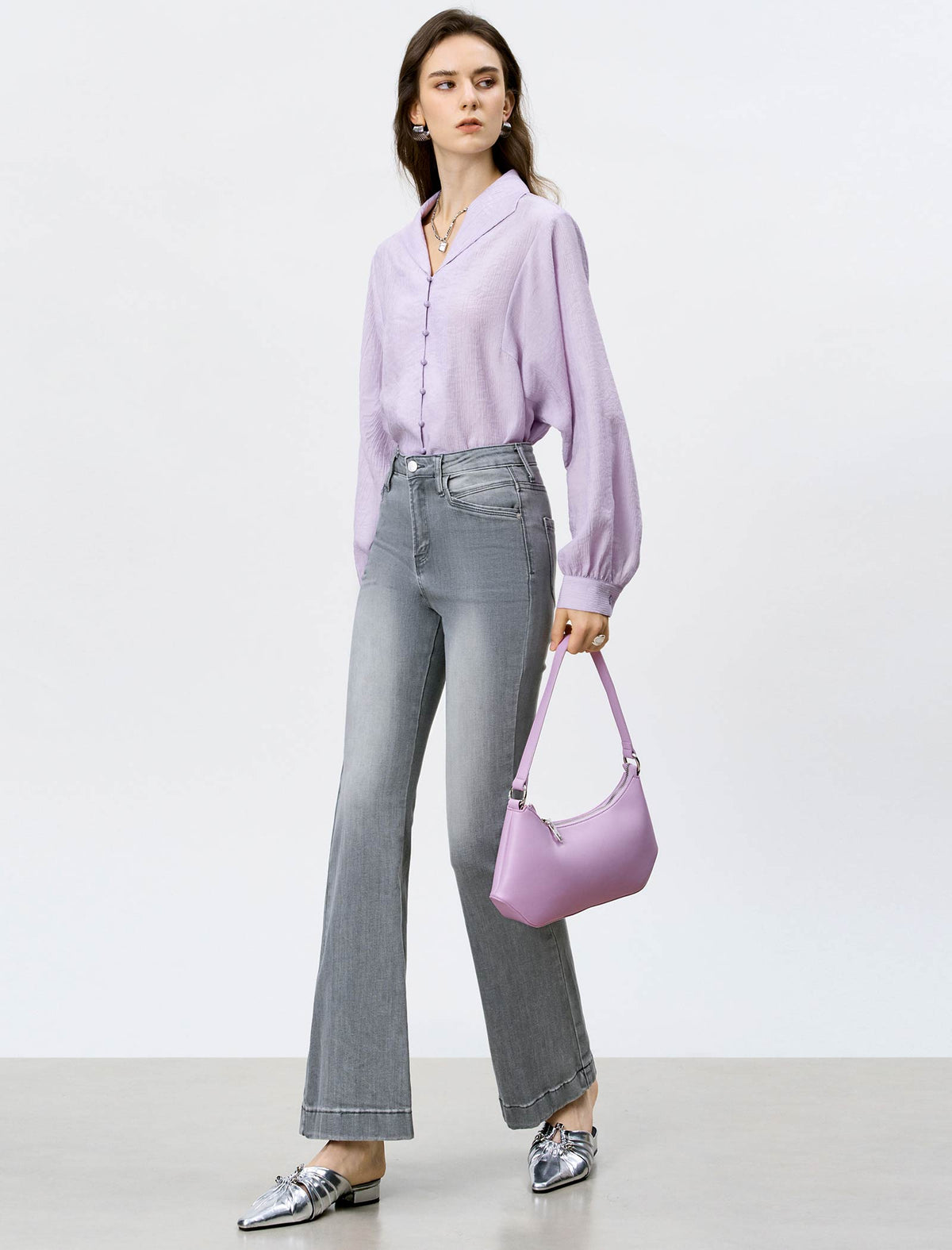 High-Waisted Grey Flare Jeans