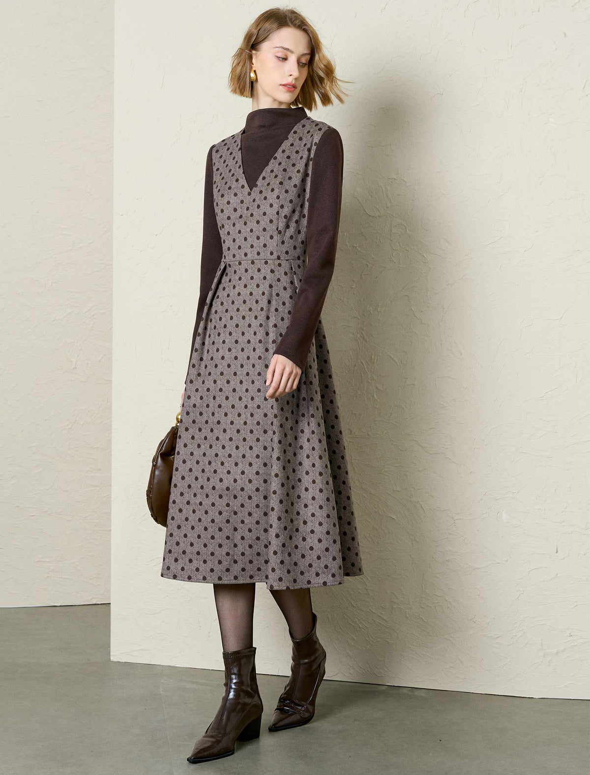 Herringbone Polka Dot Long-Sleeve Midi Dress