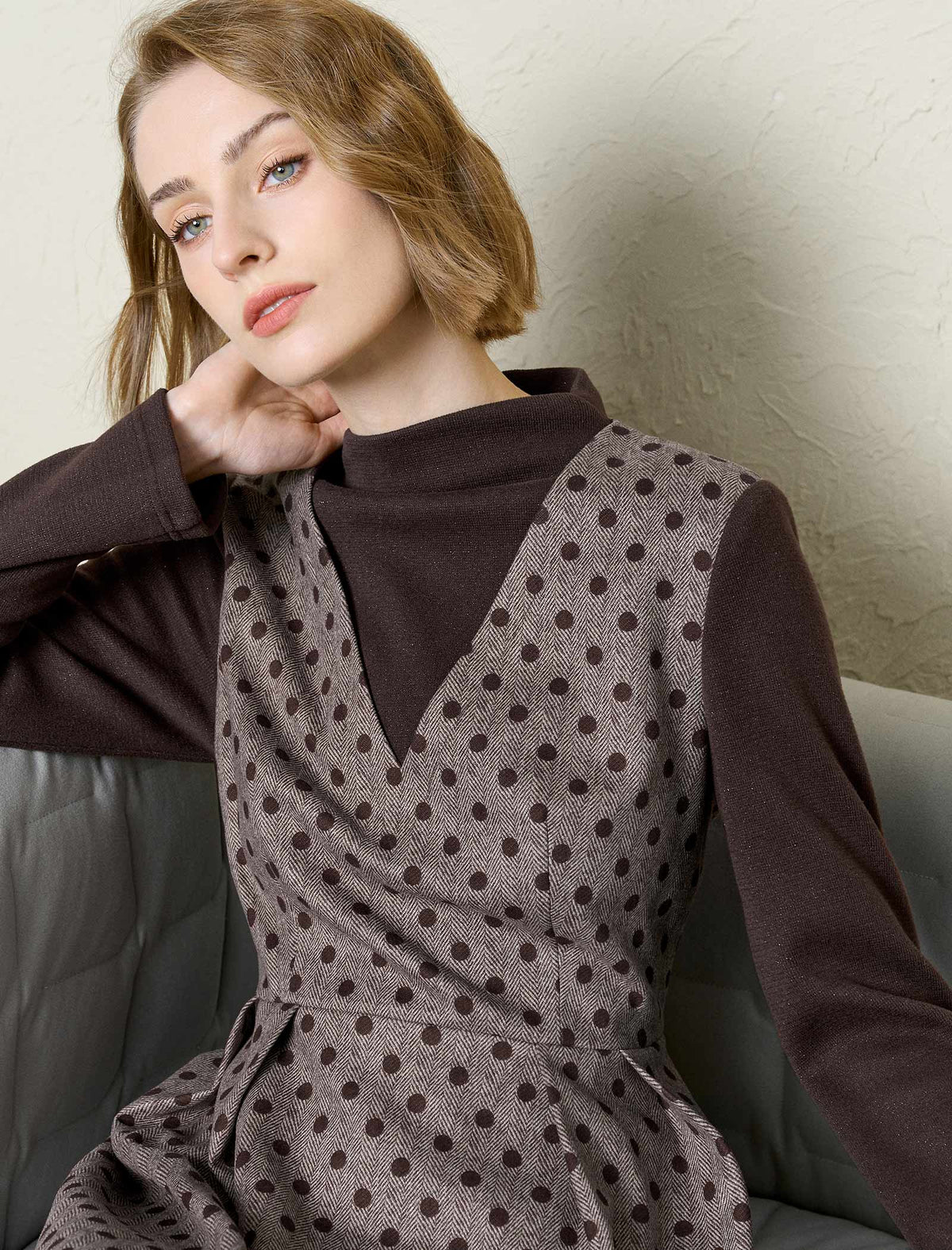 Herringbone Polka Dot Long-Sleeve Midi Dress