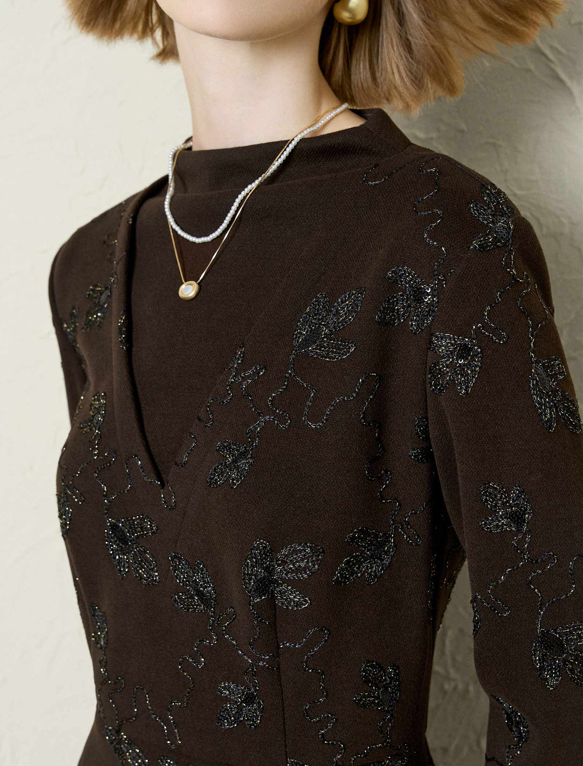 Chocolate Sequin Floral Long-Sleeve Midi Dress