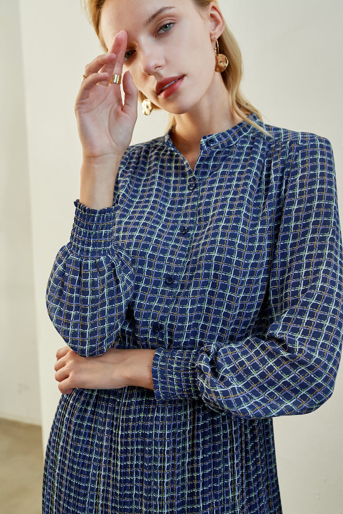 Navy Multi-Color Plaid Midi Dress