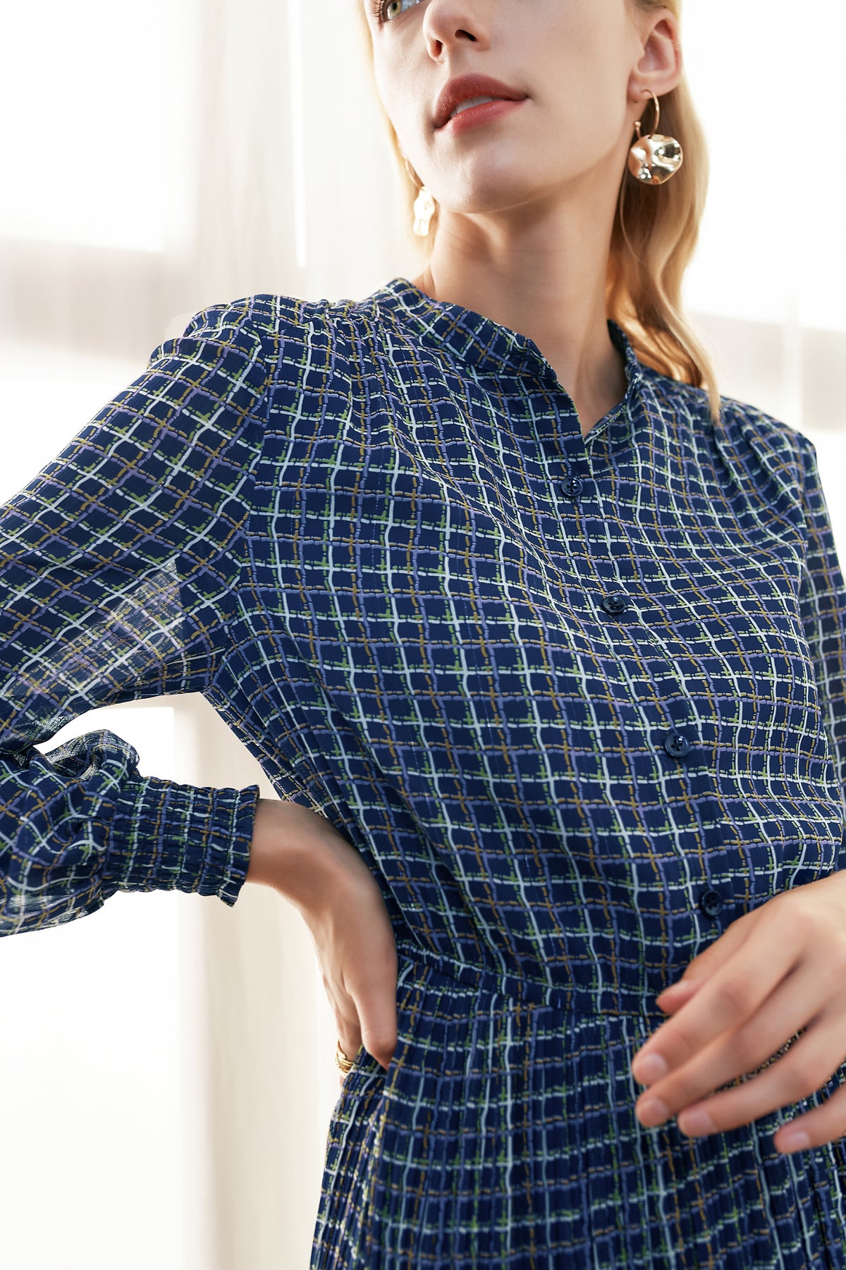 Navy Multi-Color Plaid Midi Dress