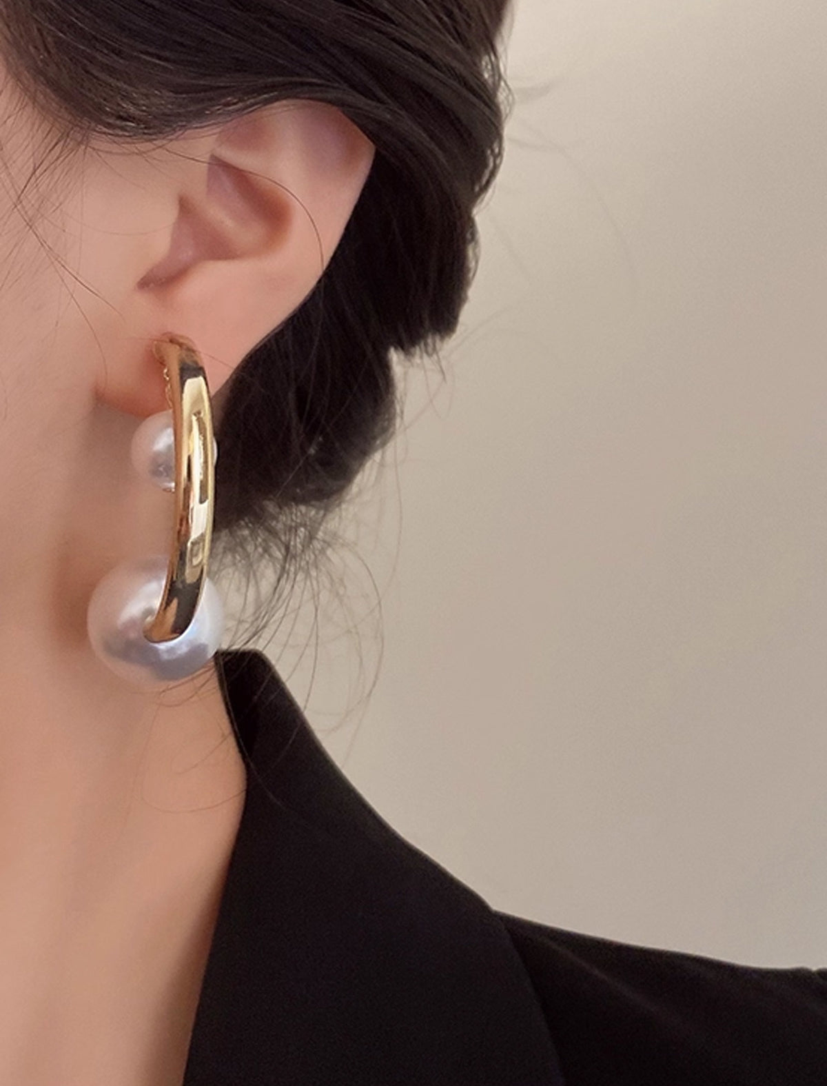 Gold Crescent And Pearl Drop Hoop Earrings