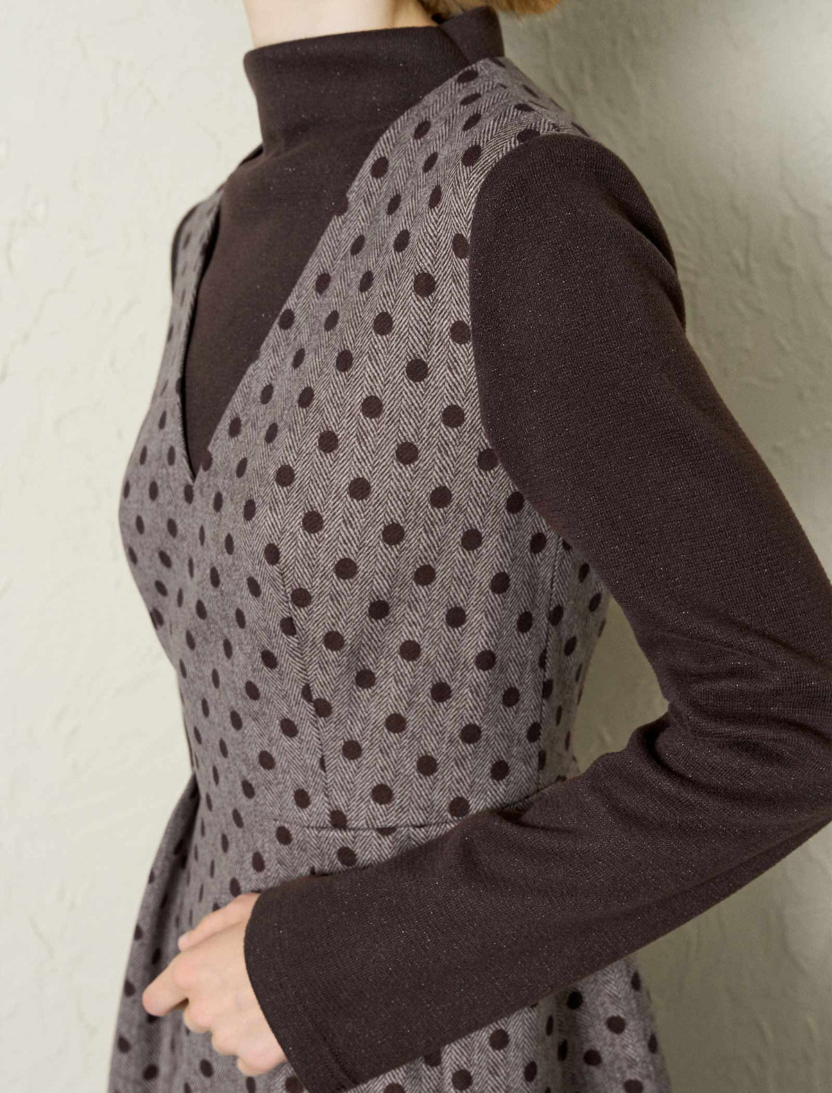 Herringbone Polka Dot Long-Sleeve Midi Dress