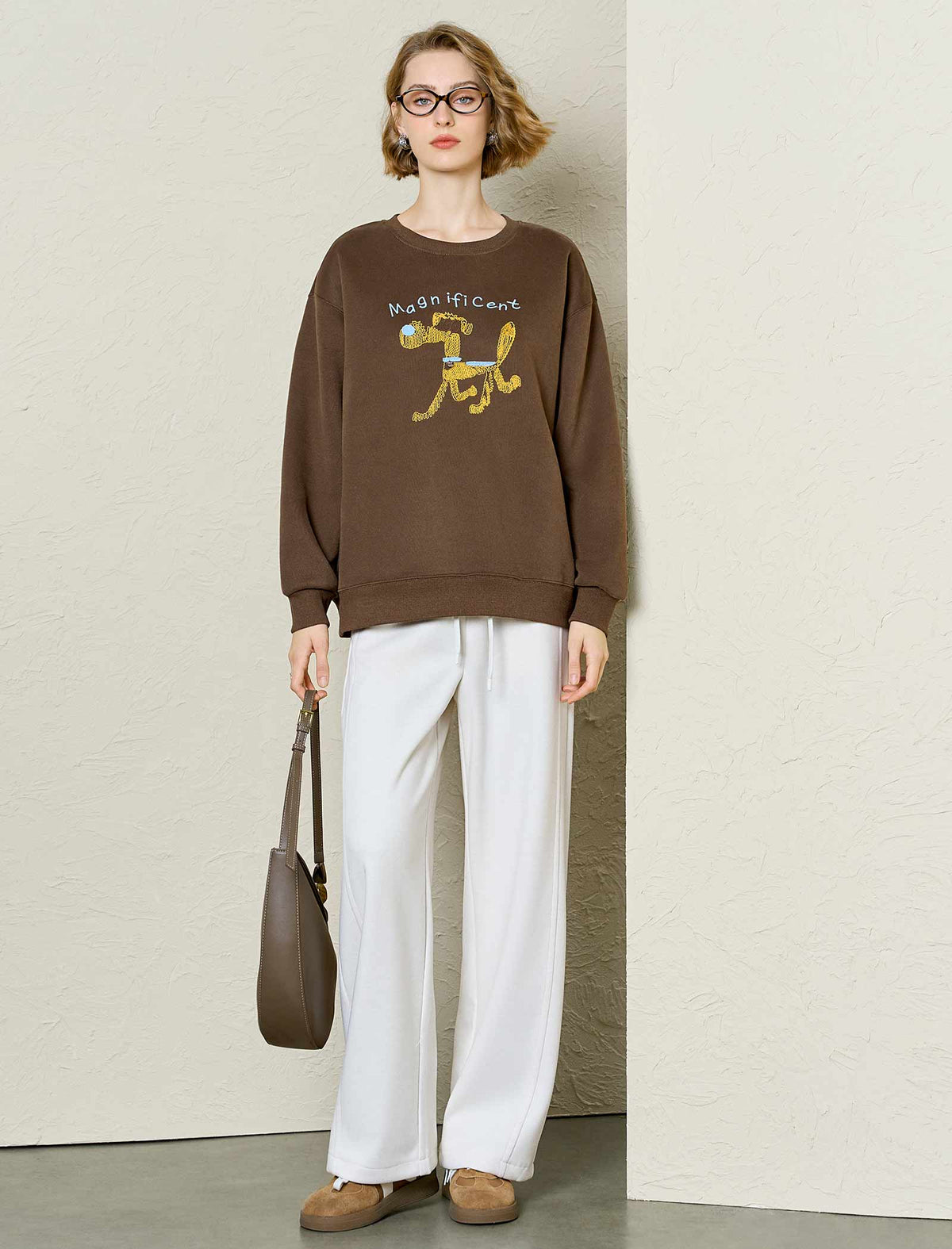 Cartoon‑Dog Embroidered Crew‑Neck Sweatshirt