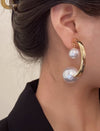 Gold Crescent And Pearl Drop Hoop Earrings