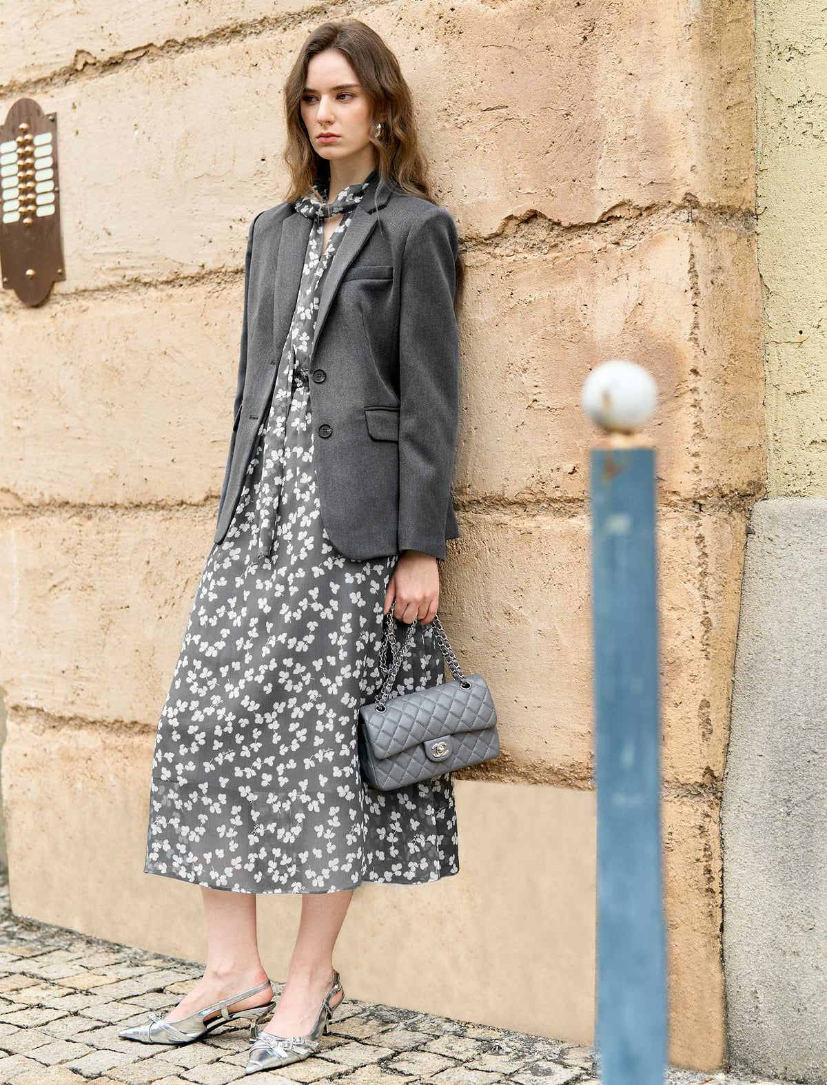 Grey Sheer Tie-Neck Floral Midi Dress