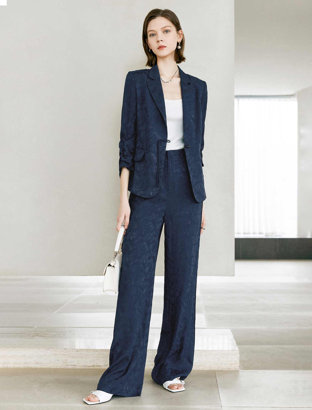 Navy Textured Wide-Leg Pants