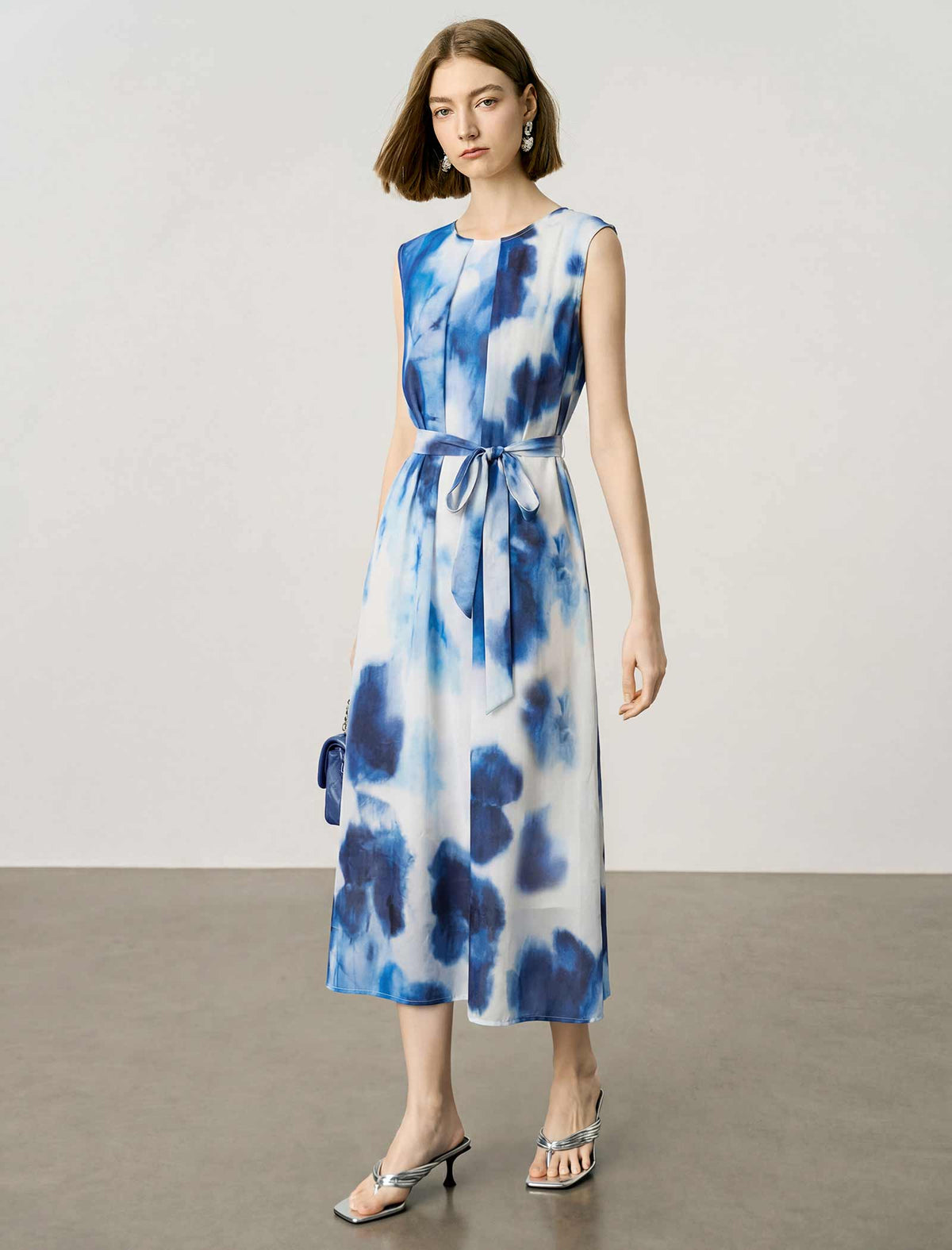 Watercolor Tie-Dye Round Neck Sleeveless Belted Silk Blend Midi Dress