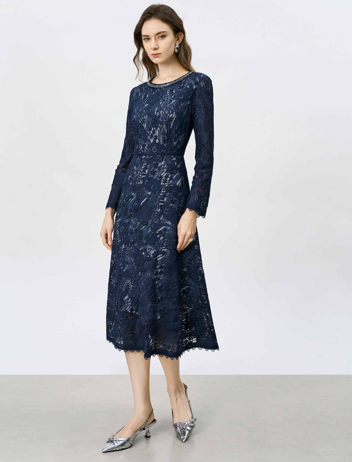 Navy Blue Beaded Neckline Lace Midi Dress