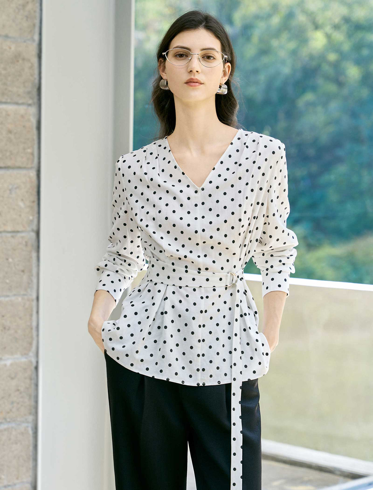 Polka Dot Tencel Linen Belted Blouse