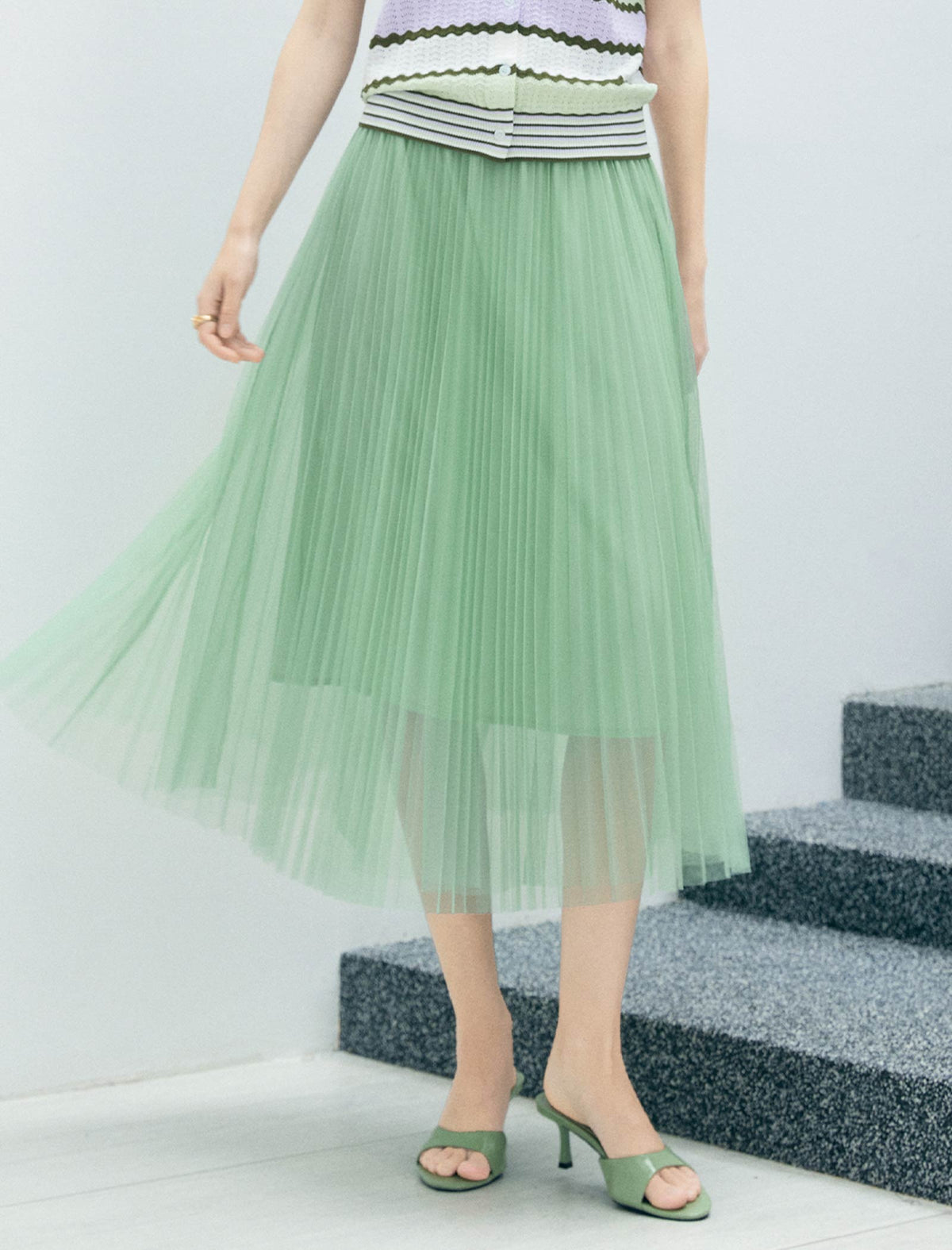 Soft Green Pleated Tulle Midi Skirt