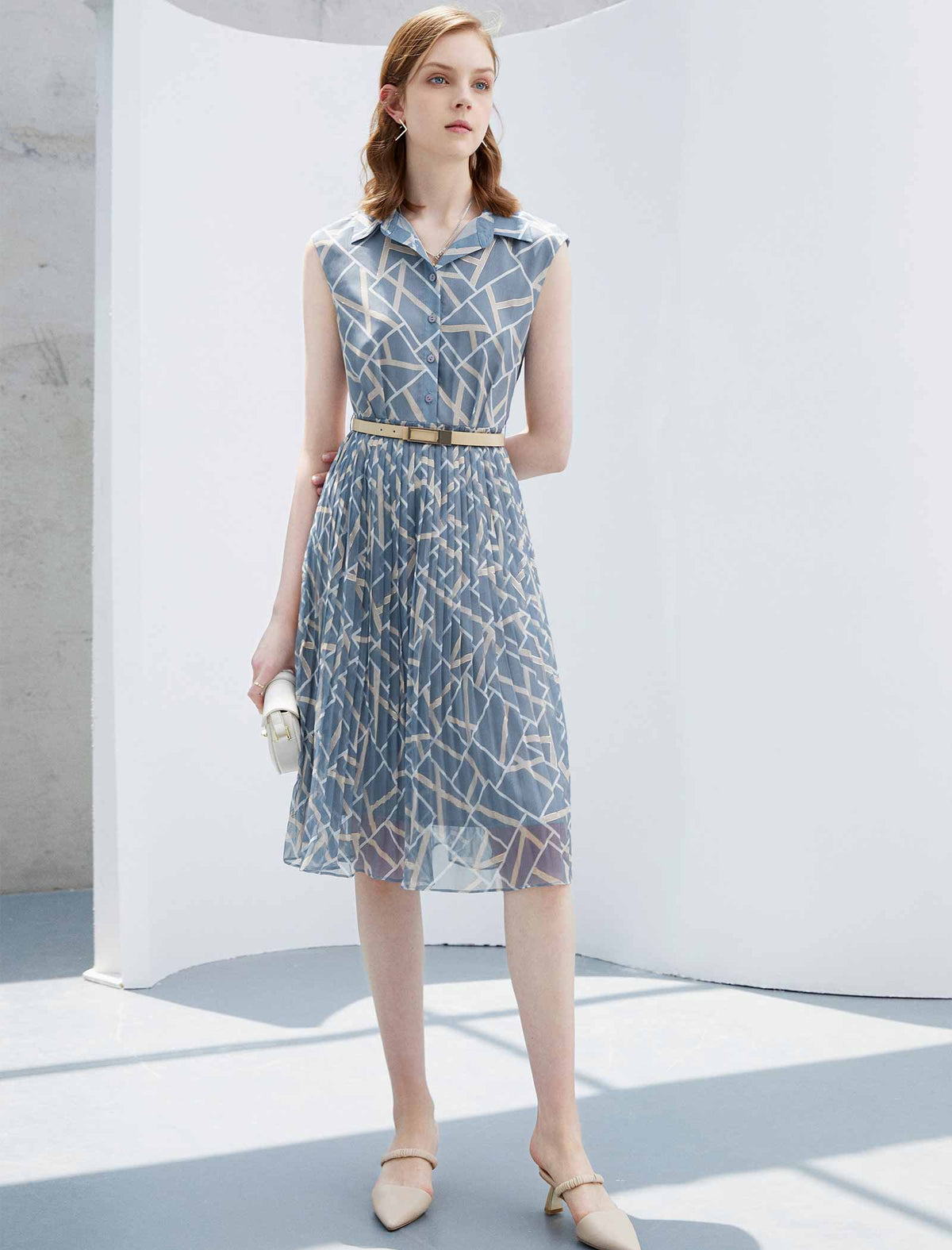 Waist-Cinched Sleeveless Shirt Pleated Dress