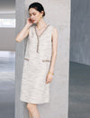 Beige textured sleeveless button front midi dress