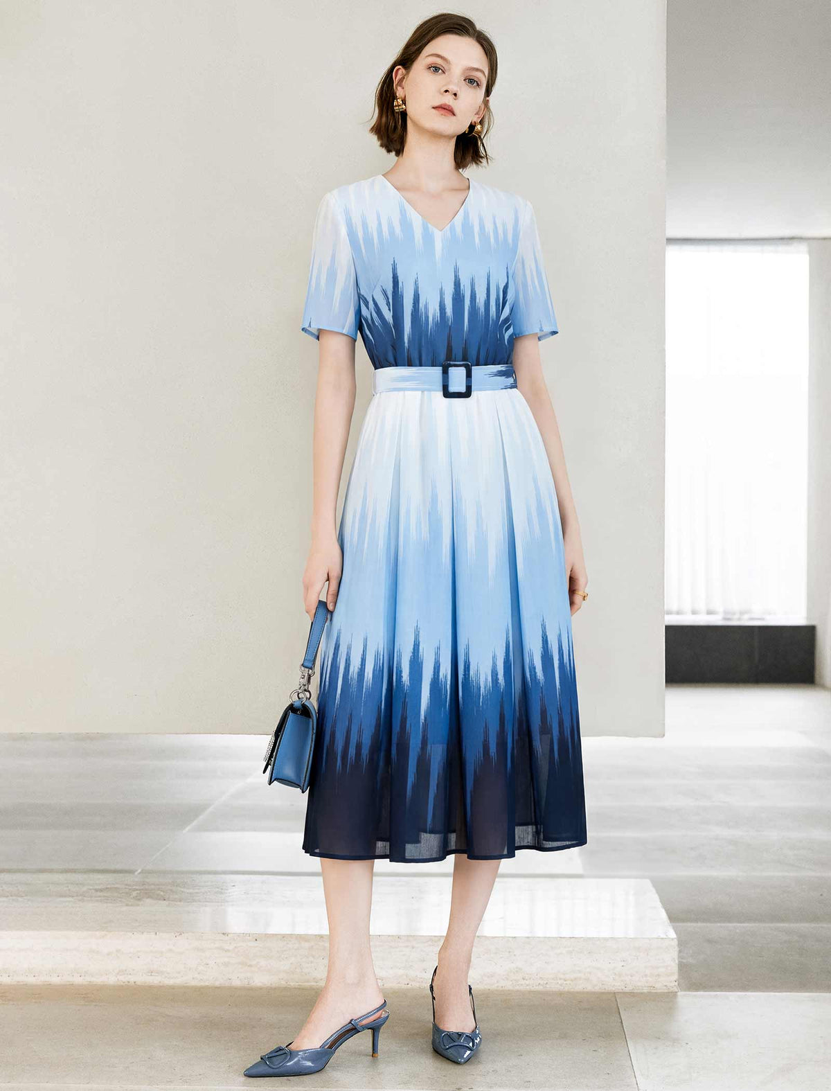 Blue Gradient Print Belted Midi Dress