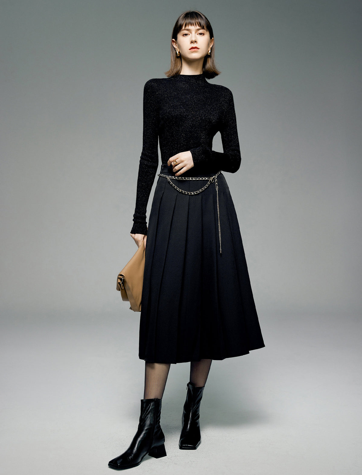 Pleated A-Line Midi Skirt