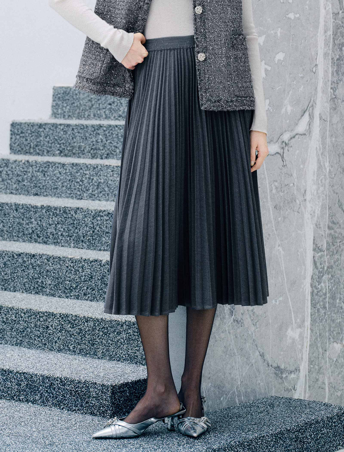 Pleated A Line Midi Skirt