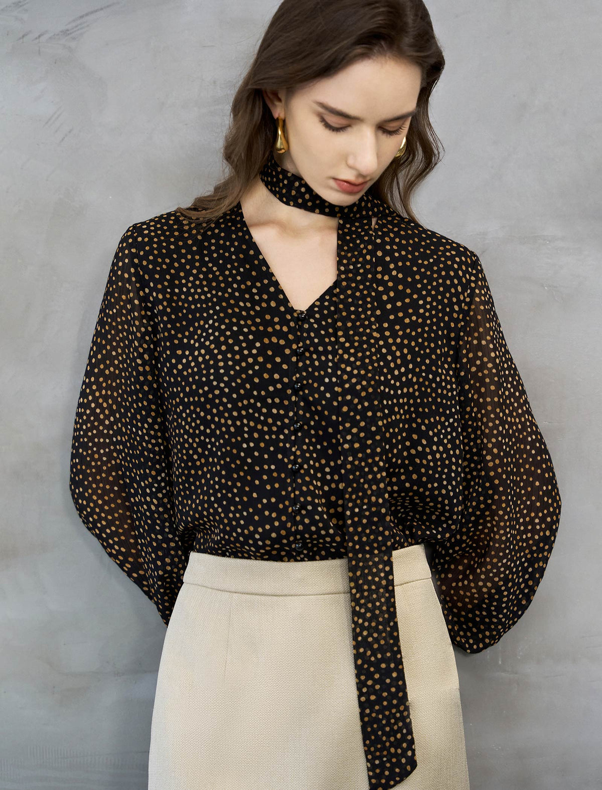 Black And Gold Dot Tie-Neck Blouse