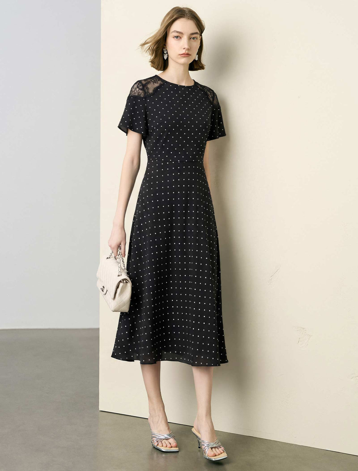 Black Polka Dot Lace-Shoulder Midi Dress