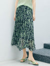 Green Leaf Print Pleated Midi Skirt