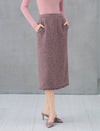 Wool Blend Fringe-Trim High-Waist Straight Midi Skirt