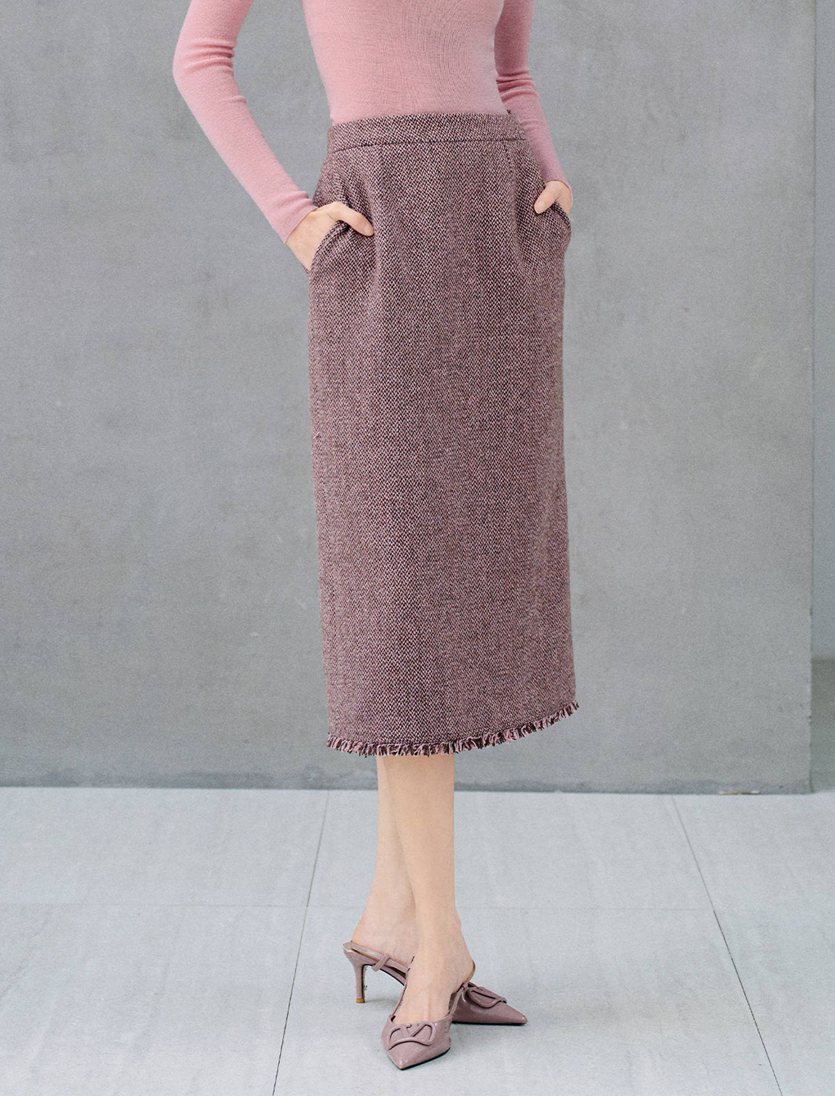 Wool Blend Fringe-Trim High-Waist Straight Midi Skirt