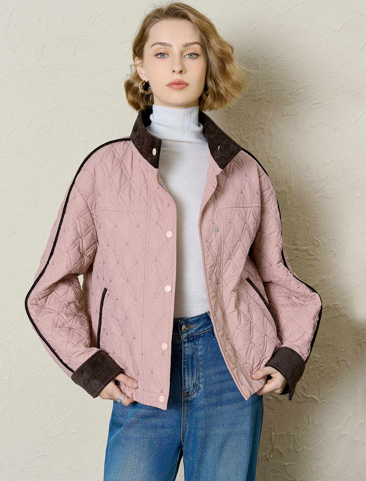 Blush Quilted Contrast Trim Bomber Jacket