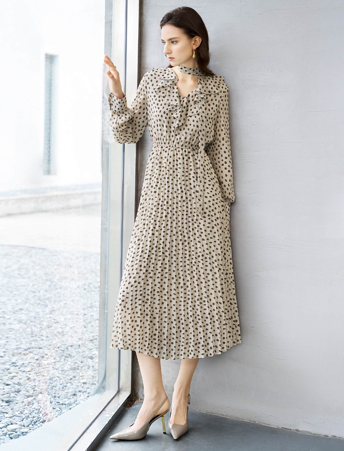 Oatmeal Ditsy Dot Ruffled Midi Dress
