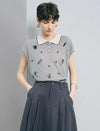 Contrast Collar Leaf Embroidery Sleeveless Knit Polo Top