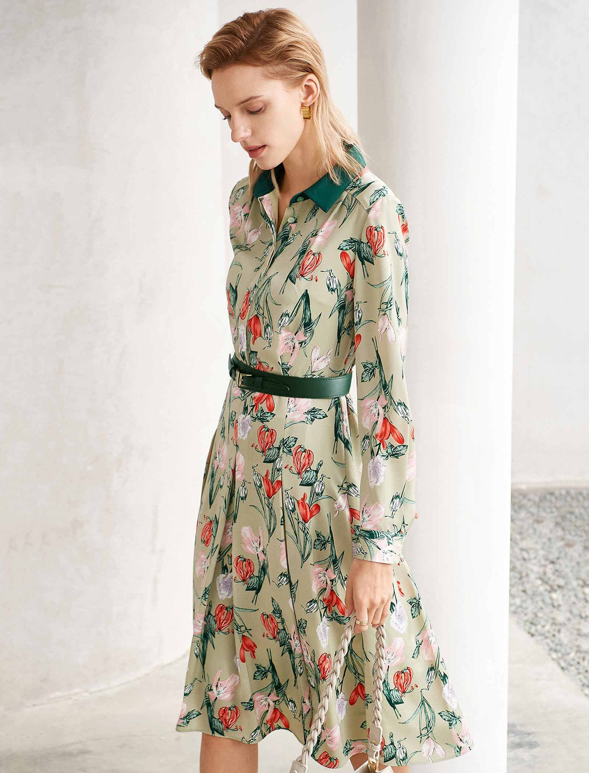 Floral Print Contrast Collar Shirt Dress