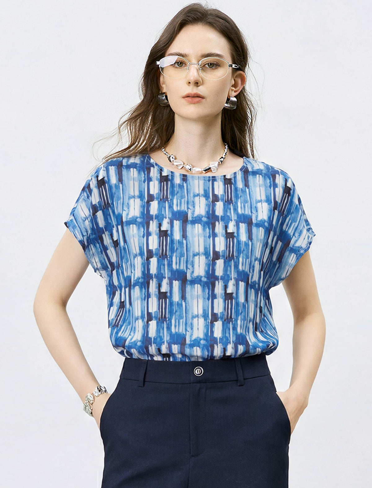 Mulberry Silk Blue Watercolor Geometric Print Cap Sleeve Blouse