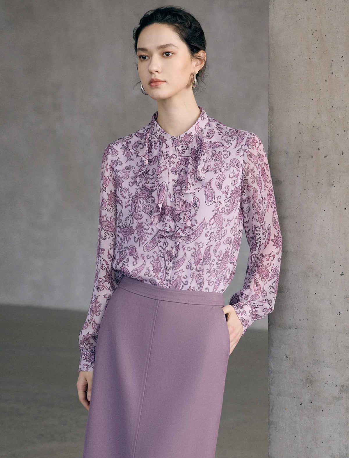 Floral Print Ruffle Neck Long Sleeve Blouse