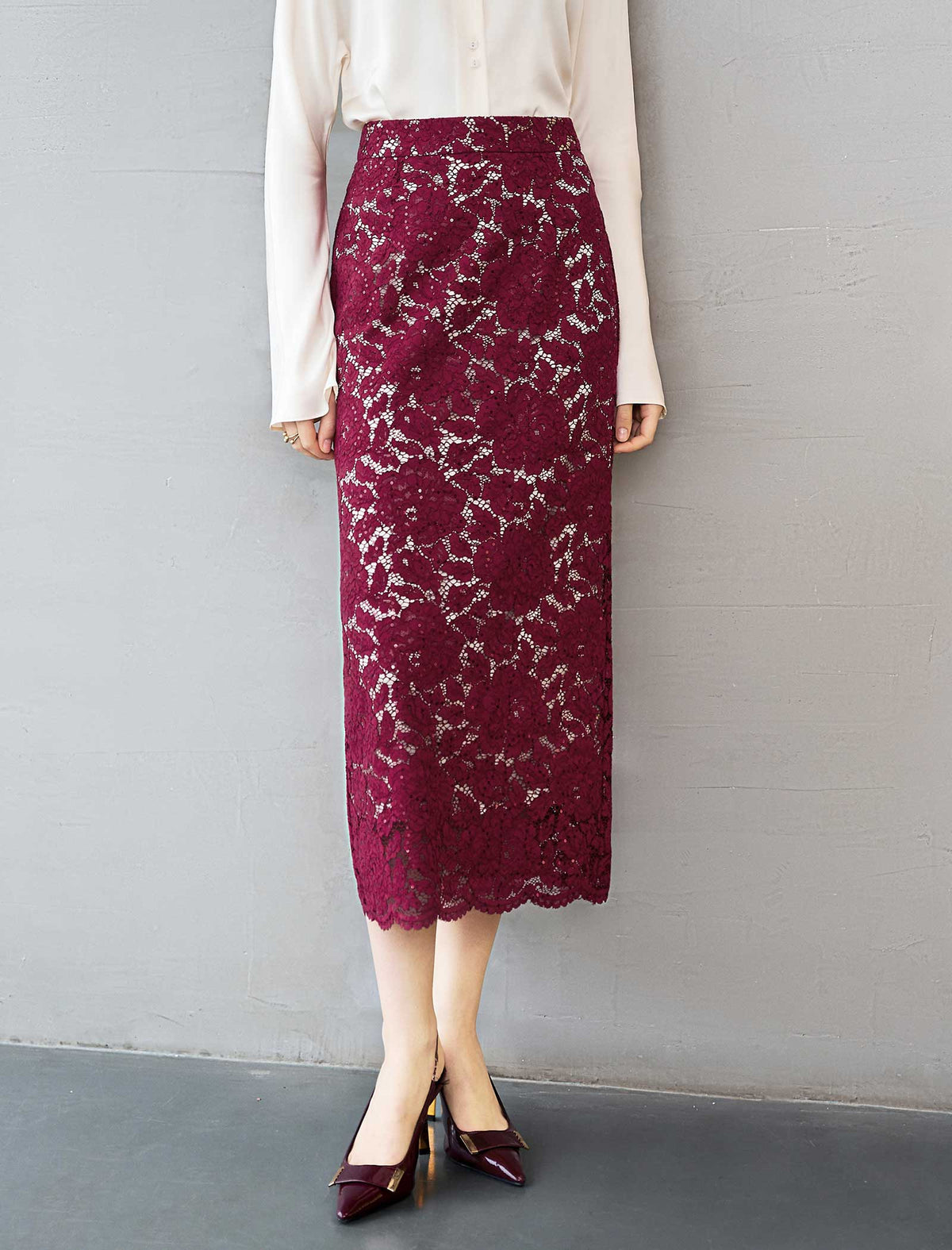 Burgundy Sequin Lace Maxi Pencil Skirt