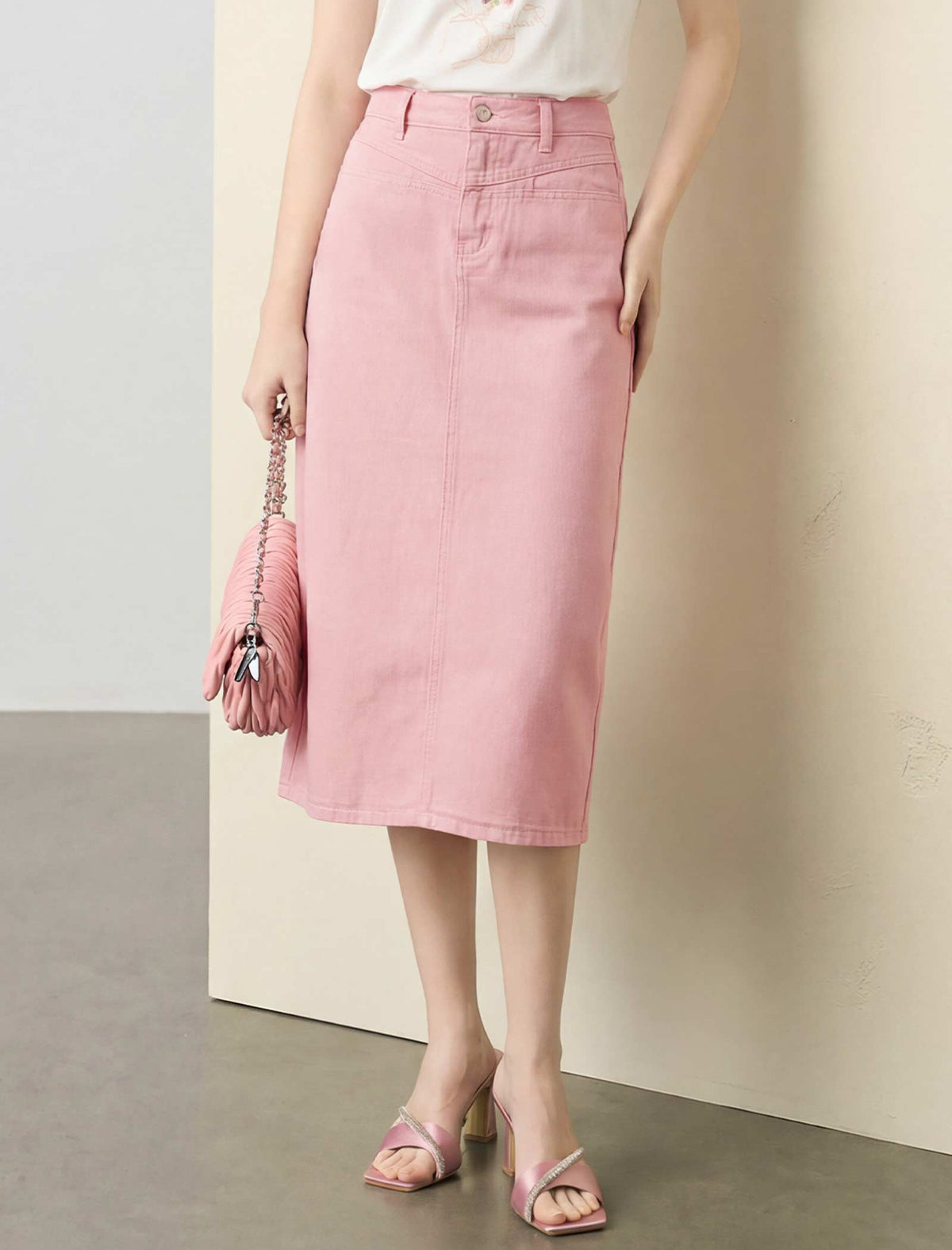 Dusty Pink Soft Lyocell Denim Midi Skirt