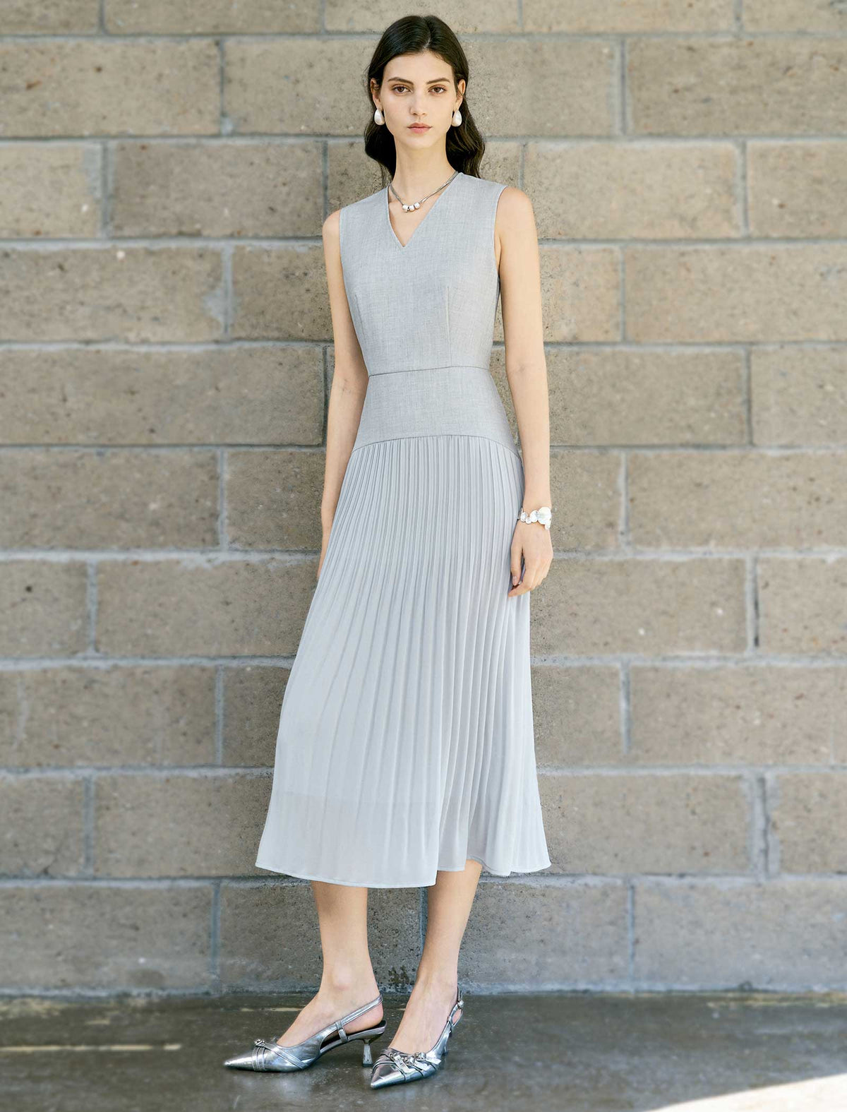 V-Neck Pleated Midi Dress