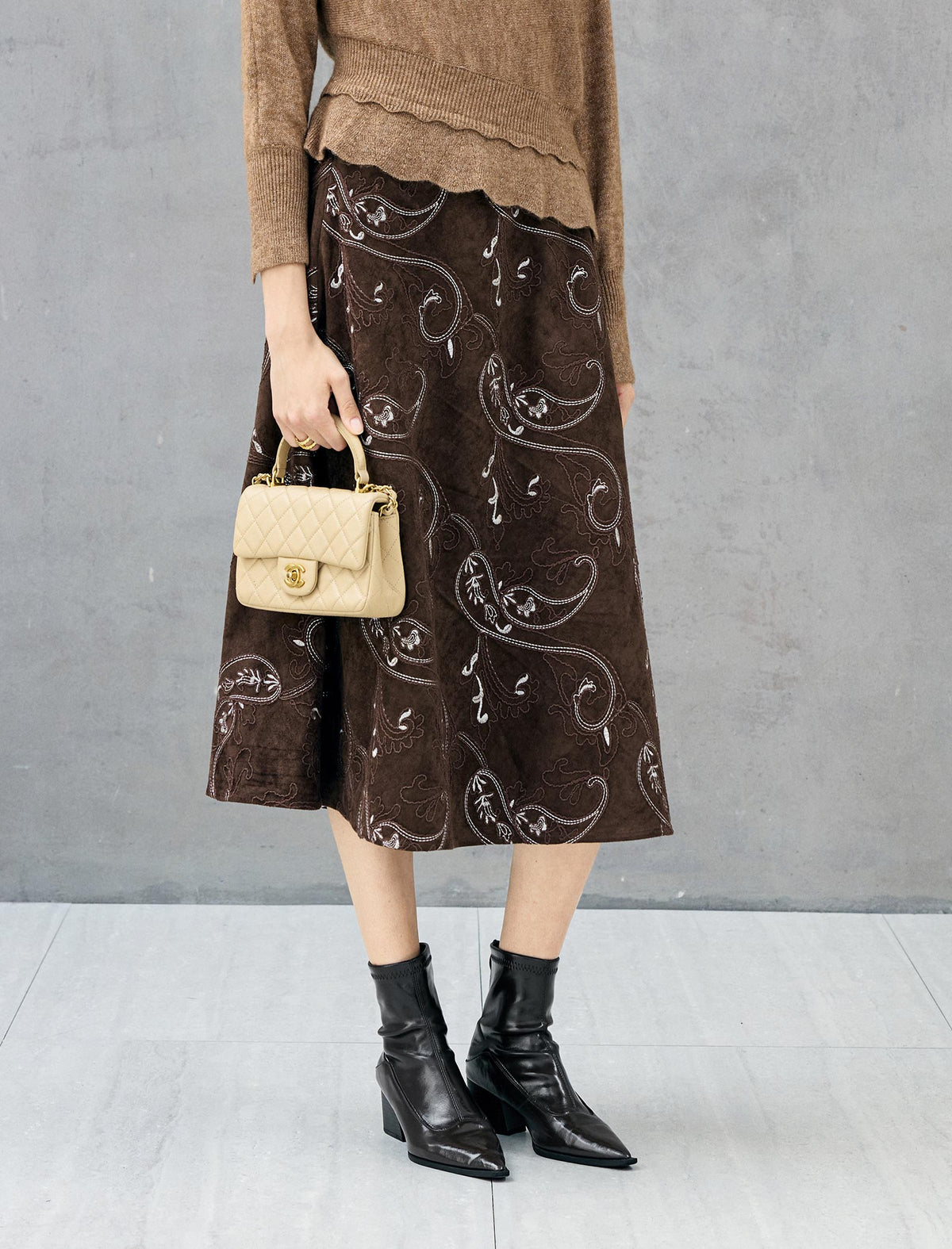 Embroidered Paisley High-Waist A-Line Midi Skirt