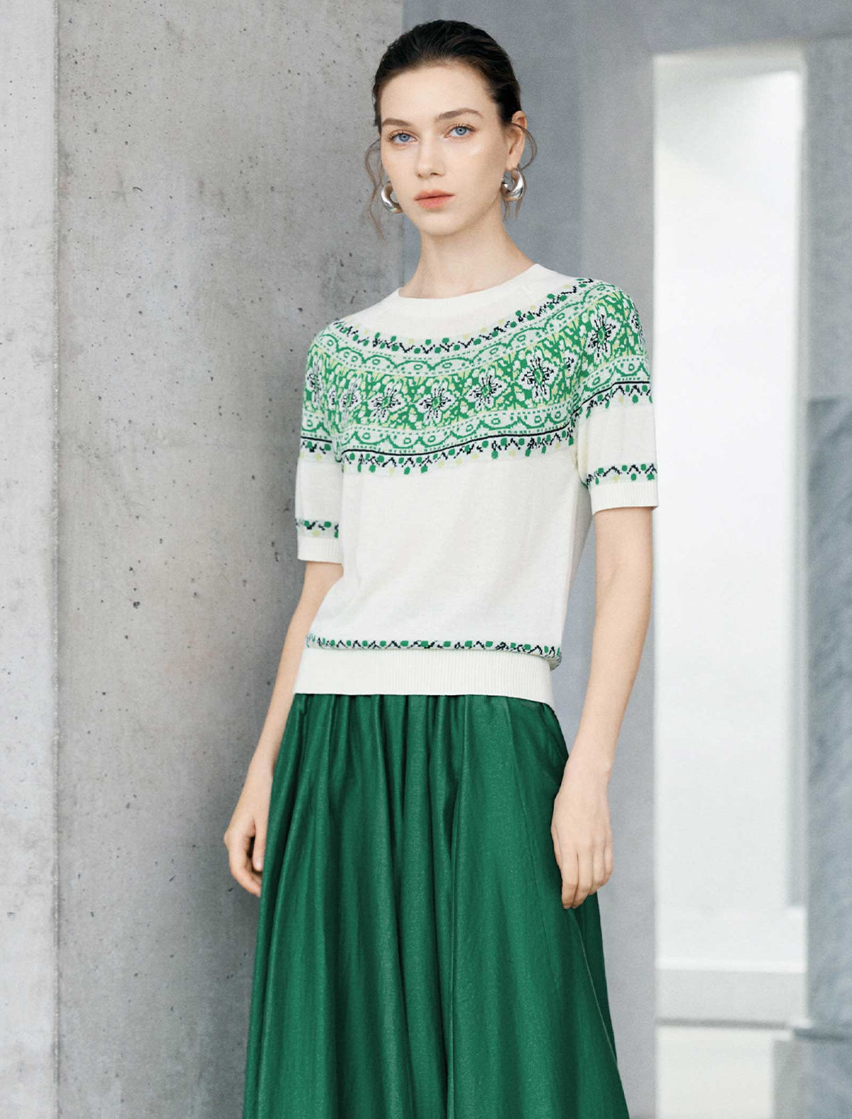 Fair Isle Pattern Short Sleeve Knit Top