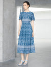 Blue Ikat Print Defined-Waist Midi Dress