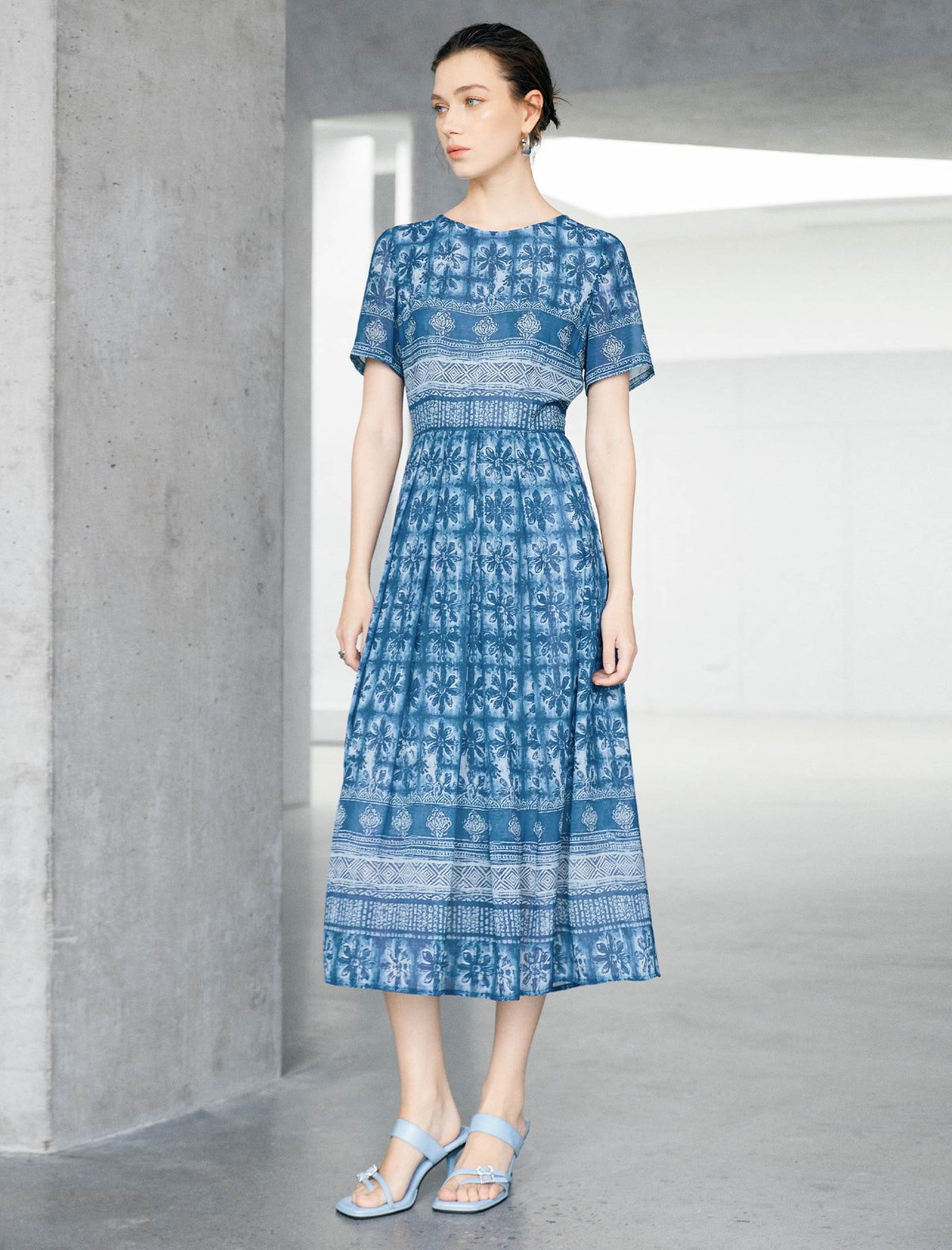 Blue Ikat Print Defined-Waist Midi Dress